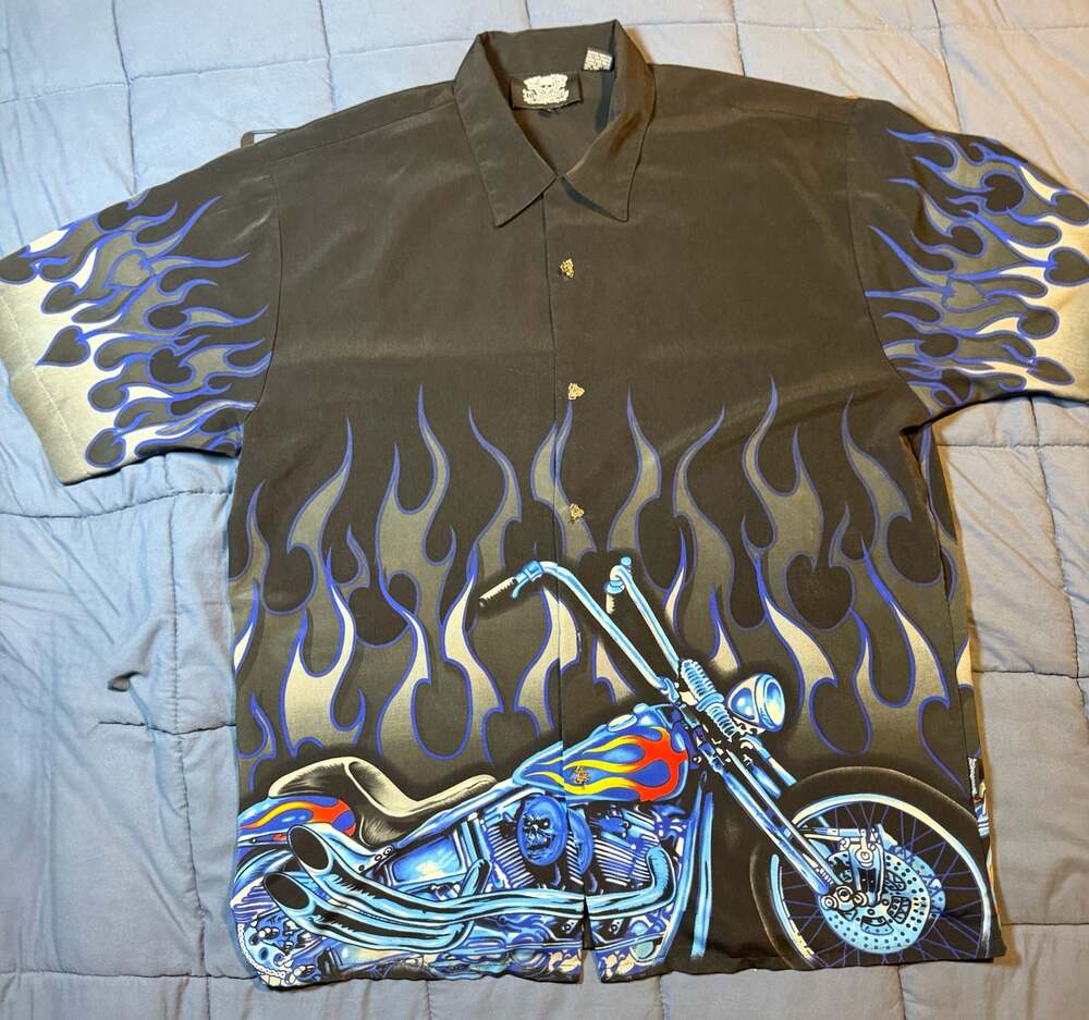 Vintage Dragonfly Roadhouse Short Sleeve Biker Shirt with Flame and Motorcycle